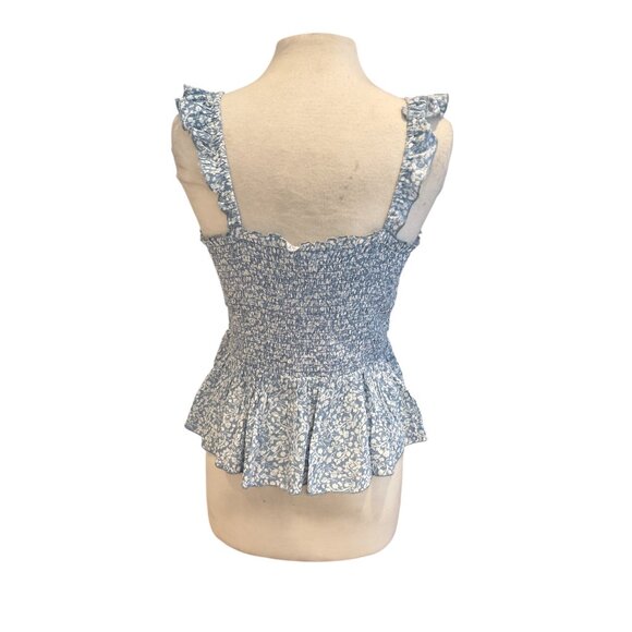 Blue & White Floral Smocked Peplum Tank Top With Ruffle Straps & Button Front - - Picture 3 of 8